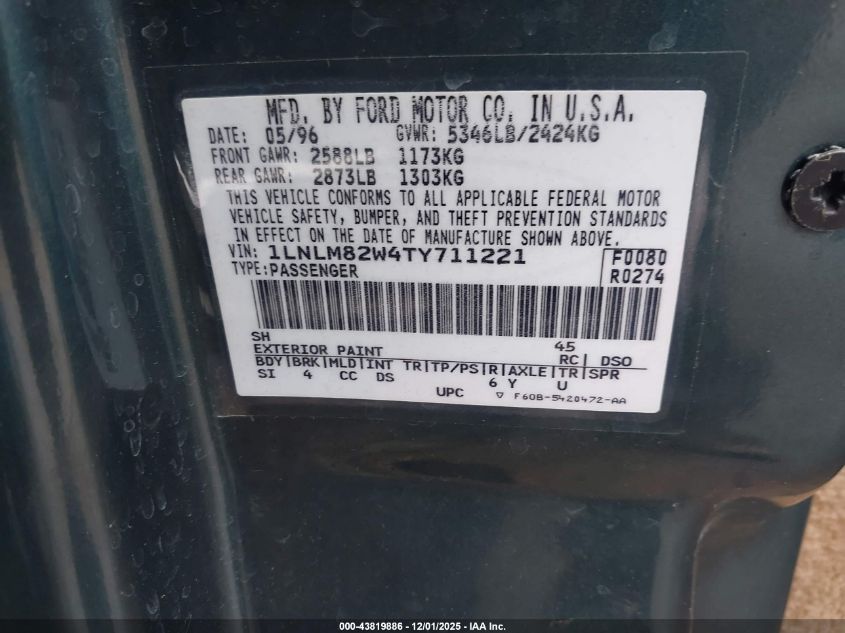 1996 Lincoln Town Car Sgn/Dmnd Anv/Cypress/Jn VIN: 1LNLM82W4TY711221 Lot: 43819886