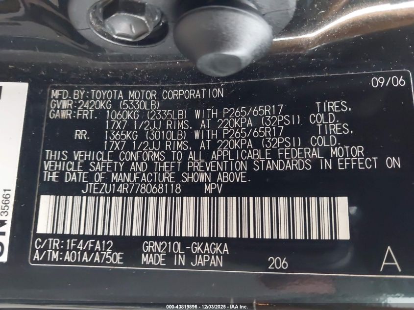 2007 Toyota 4Runner Sr5 V6 VIN: JTEZU14R778068118 Lot: 43819896