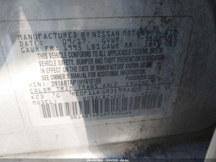 2017 Nissan Sentra S VIN: 3N1AB7AP1HY410166 Lot: 43819902