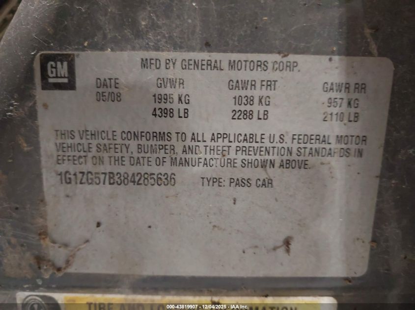2008 Chevrolet Malibu Ls VIN: 1G1ZG57B384285636 Lot: 43819907