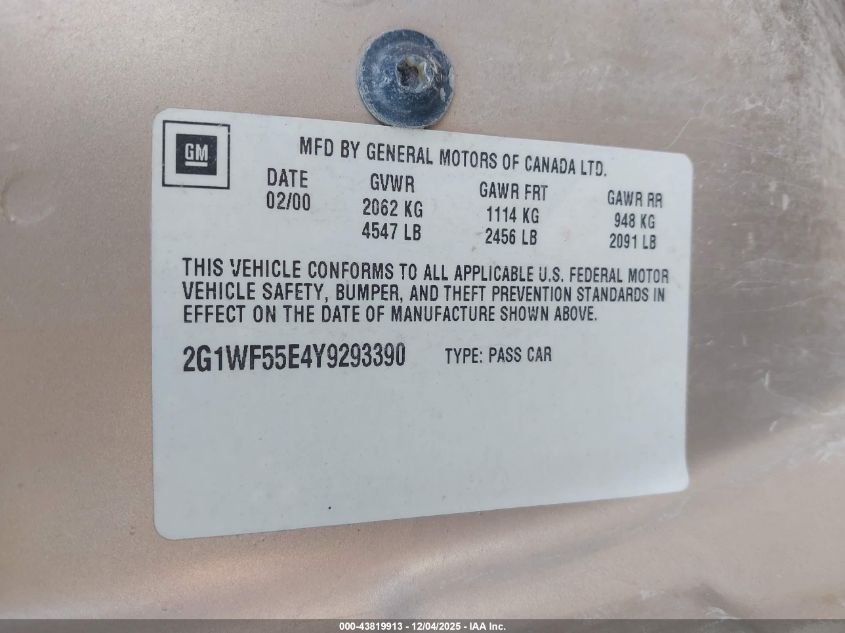 2000 Chevrolet Impala VIN: 2G1WF55E4Y9293390 Lot: 43819913
