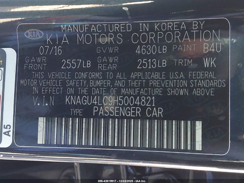 2017 Kia Optima Hyb Ex VIN: KNAGU4LC9H5004821 Lot: 43819917