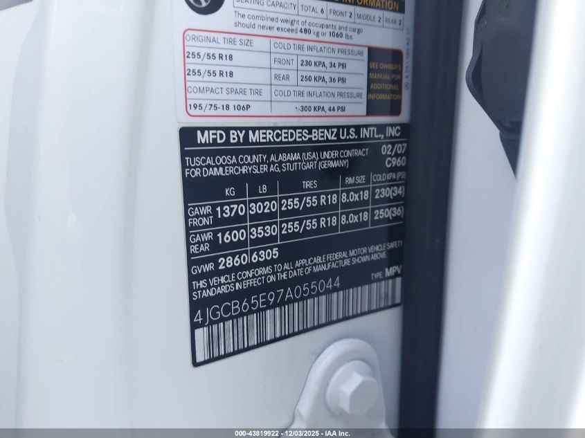 2007 Mercedes-Benz R 350 4Matic VIN: 4JGCB65E97A055044 Lot: 43819922