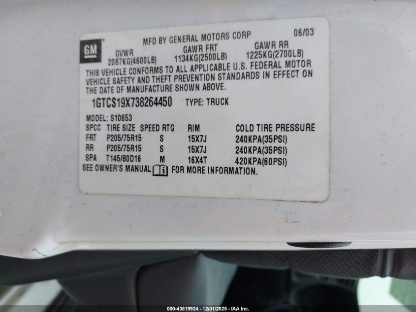 2003 GMC Sonoma Sls VIN: 1GTCS19X738264450 Lot: 43819924