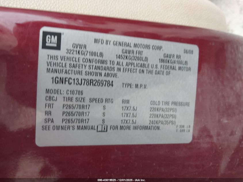 2008 Chevrolet Tahoe Lt VIN: 1GNFC13J78R269784 Lot: 43819929