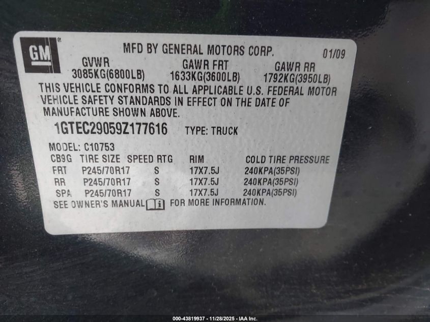 2009 GMC Sierra 1500 Sle VIN: 1GTEC29059Z177616 Lot: 43819937