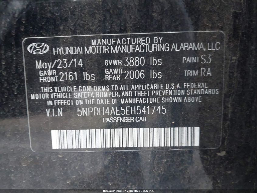 2014 Hyundai Elantra Se VIN: 5NPDH4AE5EH541745 Lot: 43819938