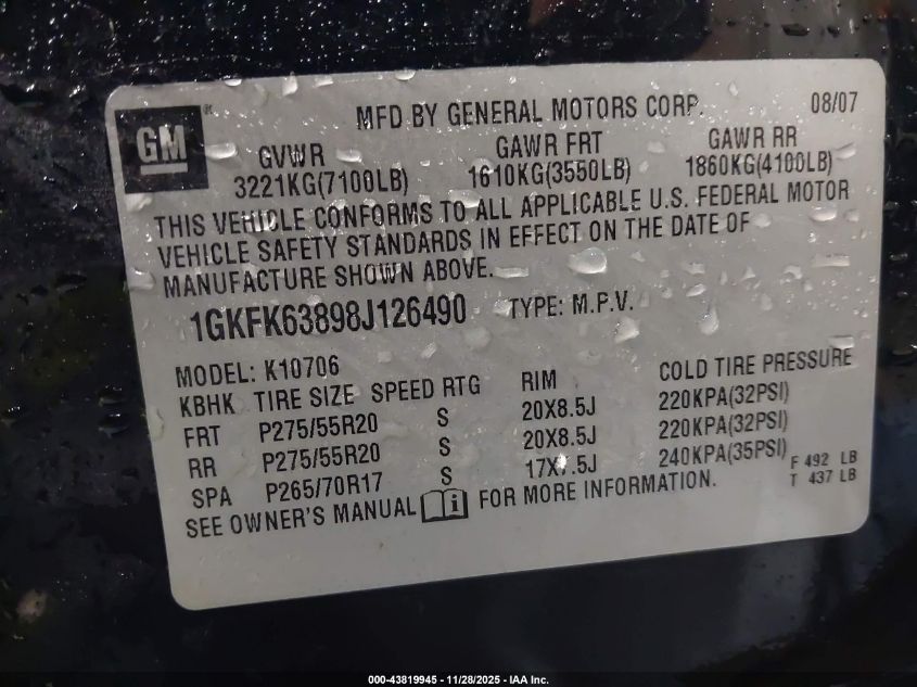 2008 GMC Yukon Denali VIN: 1GKFK63898J126490 Lot: 43819945