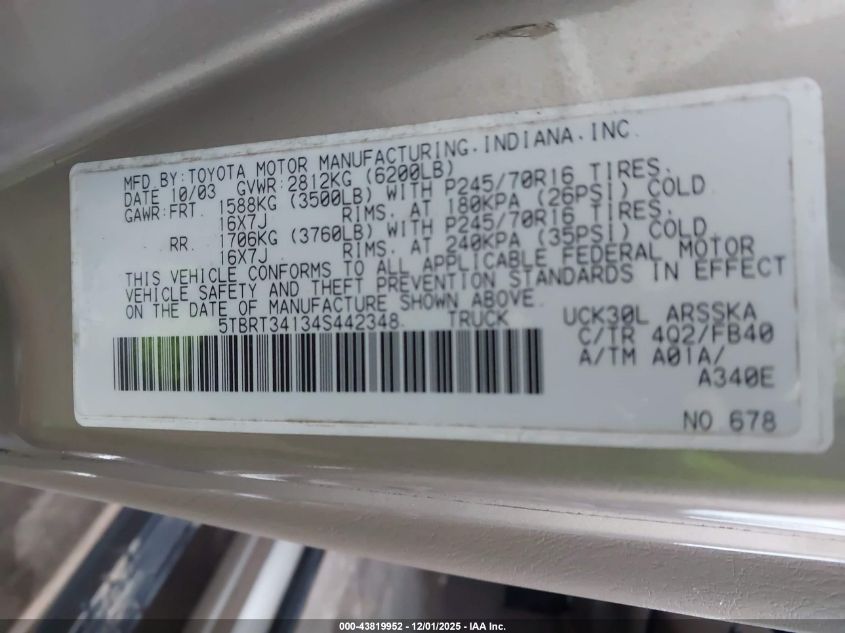 2004 Toyota Tundra Sr5 V8 VIN: 5TBRT34134S442348 Lot: 43819952