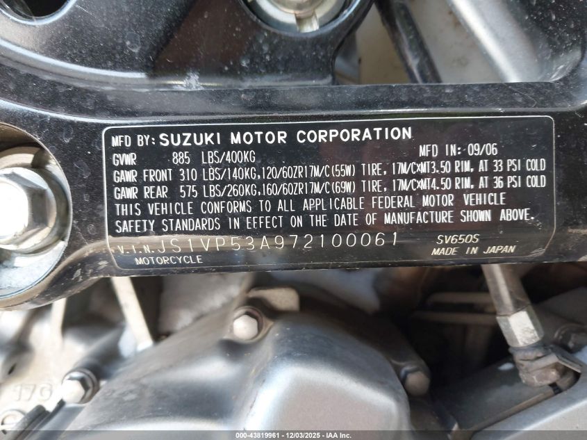2007 Suzuki Sv650 VIN: JS1VP53A972100061 Lot: 43819961