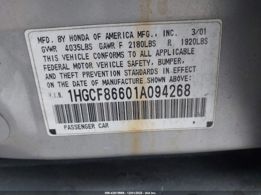 2001 Honda Accord Value Package VIN: 1HGCF86601A094268 Lot: 43819966