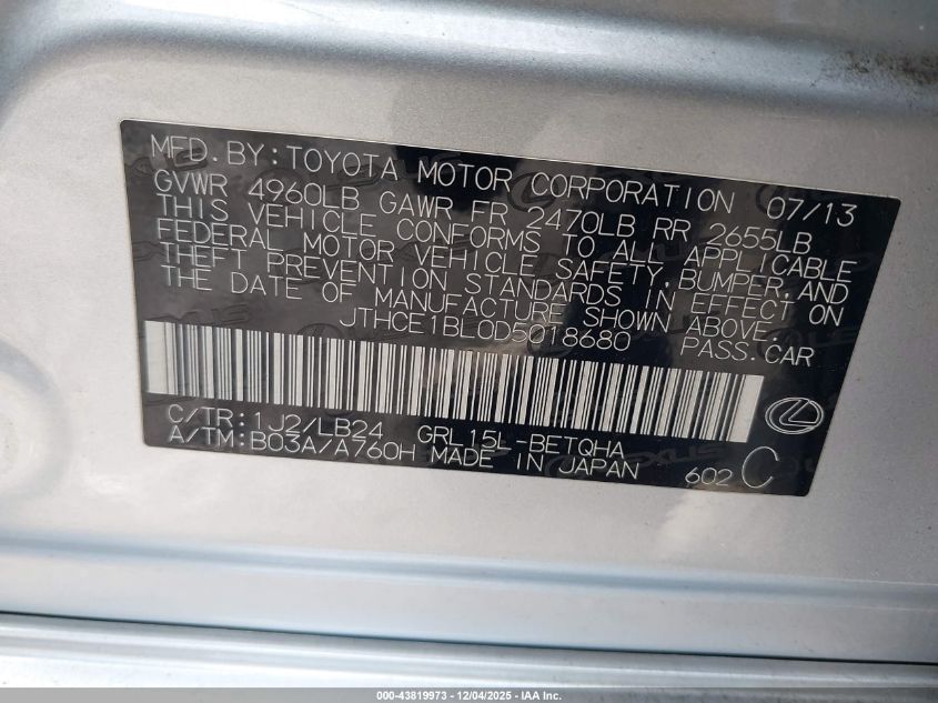 2013 Lexus Gs 350 VIN: JTHCE1BL0D5018680 Lot: 43819973