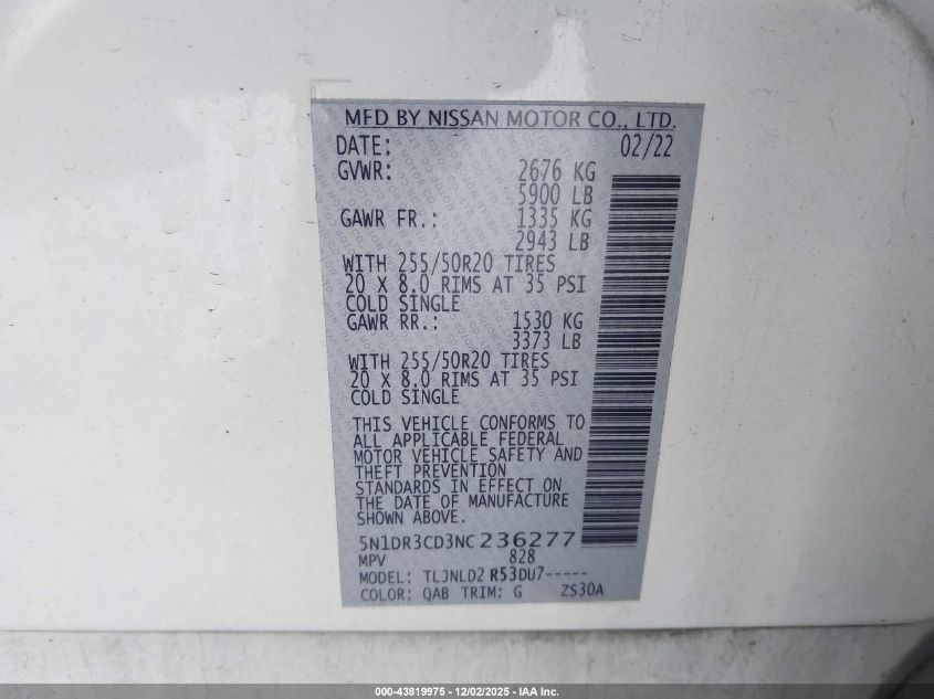 2022 Nissan Pathfinder Sl 4Wd VIN: 5N1DR3CD3NC236277 Lot: 43819975