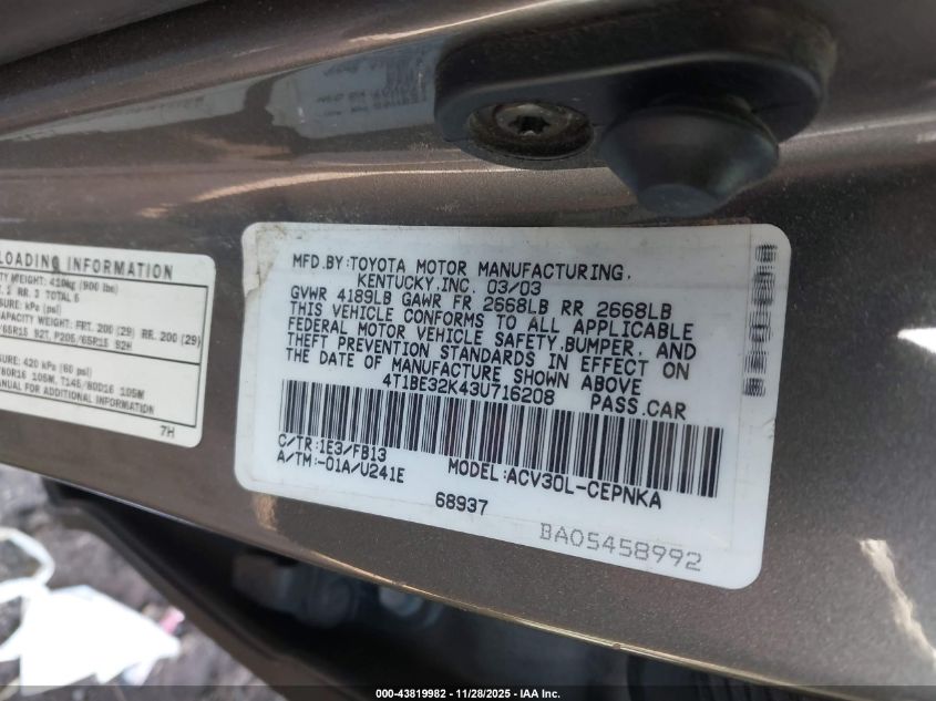 2003 Toyota Camry Le VIN: 4T1BE32K43U716208 Lot: 43819982