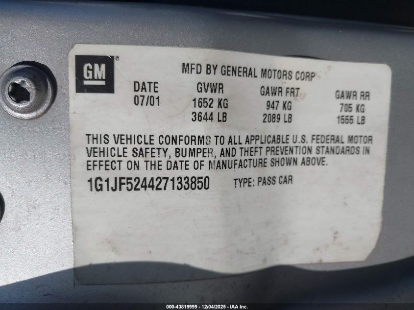 2002 Chevrolet Cavalier Ls VIN: 1G1JF524427133850 Lot: 43819999