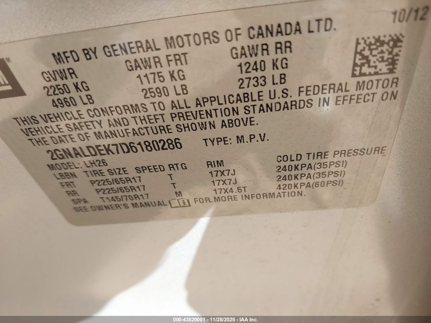 2013 Chevrolet Equinox 1Lt VIN: 2GNALDEK7D6180286 Lot: 43820001