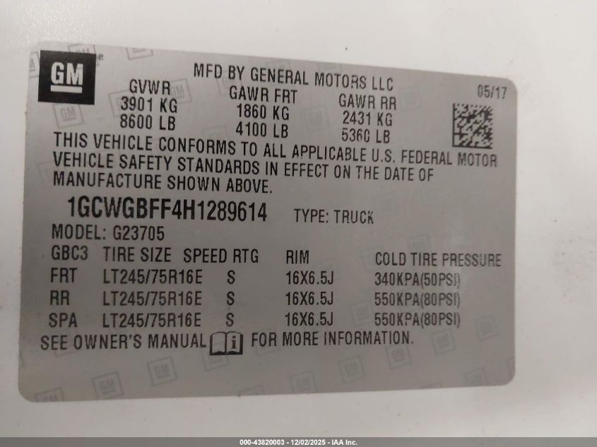 2017 Chevrolet Express 2500 Work Van VIN: 1GCWGBFF4H1289614 Lot: 43820003