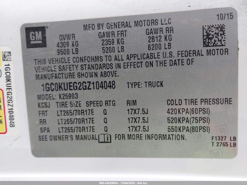 2016 Chevrolet Silverado 2500Hd Wt VIN: 1GC0KUEG2GZ104048 Lot: 43820004