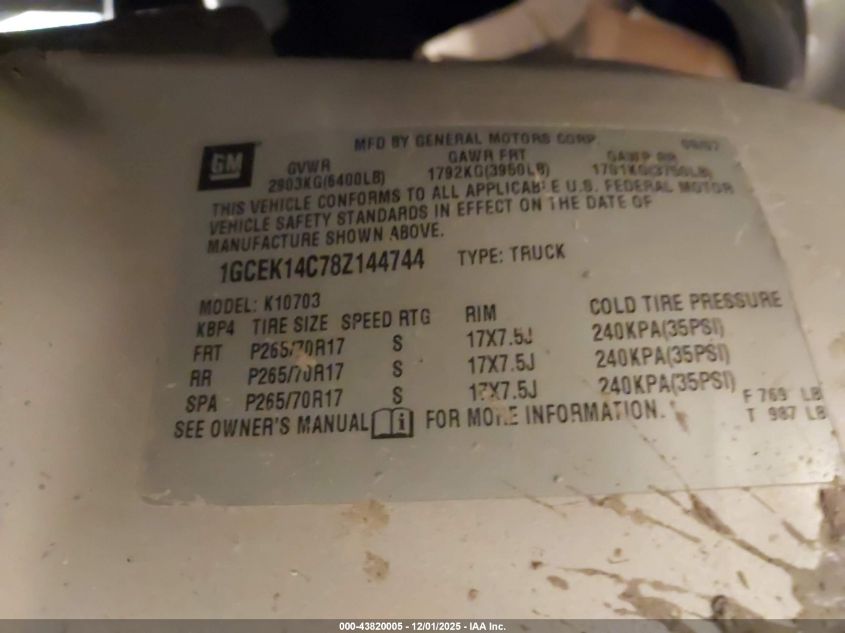 2008 Chevrolet Silverado 1500 Work Truck VIN: 1GCEK14C78Z144744 Lot: 43820005