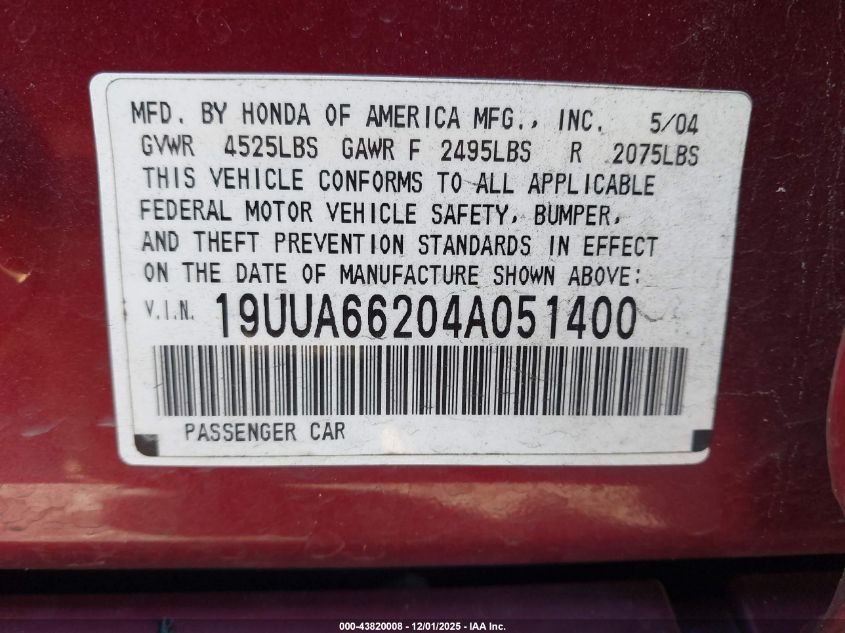 2004 Acura Tl VIN: 19UUA66204A051400 Lot: 43820008