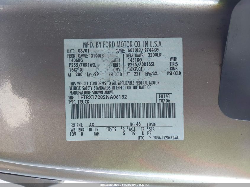 2002 Ford F-150 Xl/Xlt VIN: 1FTRX17282NA06182 Lot: 43820029