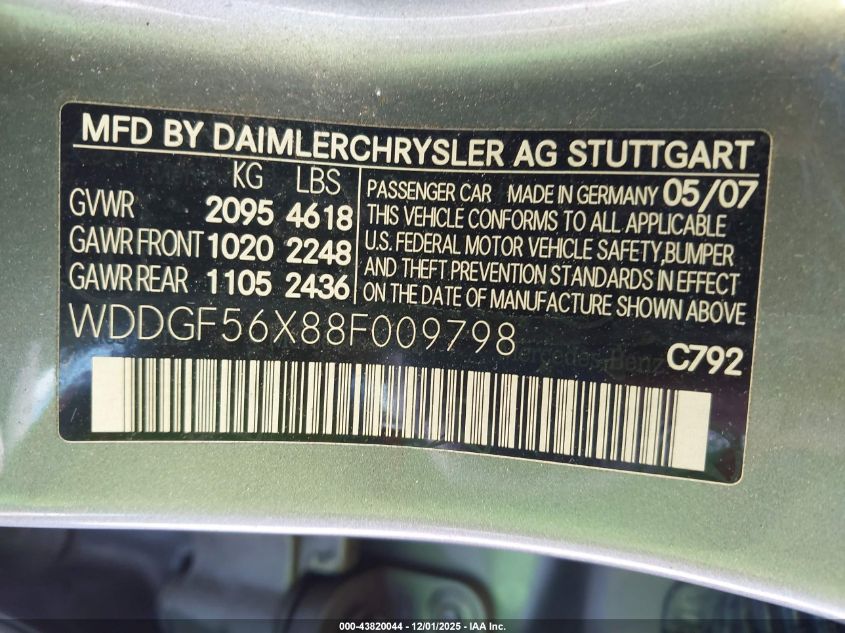 2008 Mercedes-Benz C 350 Sport VIN: WDDGF56X88F009798 Lot: 43820044