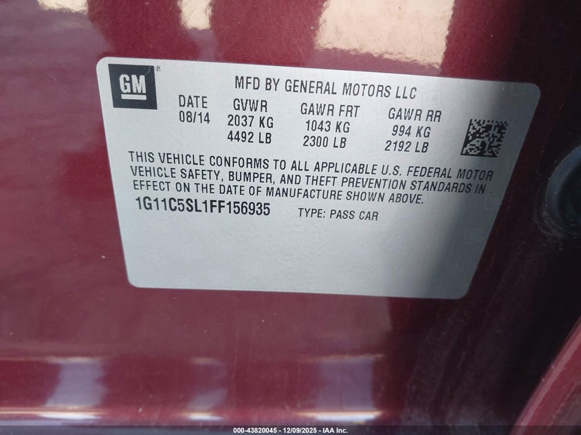 1G11C5SL1FF156935 2015 CHEVROLET MALIBU photo no. 9