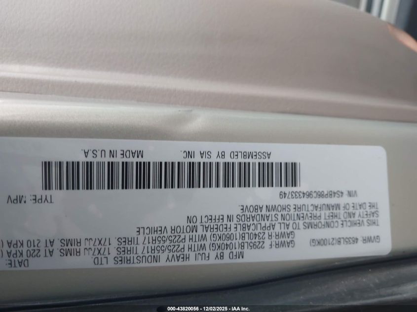 2006 Subaru Outback 3.0R L.l. Bean Edition VIN: 4S4BP86C964333749 Lot: 43820056