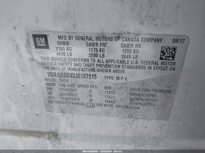 2018 Chevrolet Equinox Lt VIN: 2GNAXSEV2J6187015 Lot: 43820058