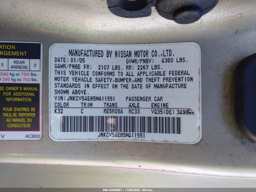 2005 Infiniti G35 VIN: JNKCV54E85M411551 Lot: 43820061