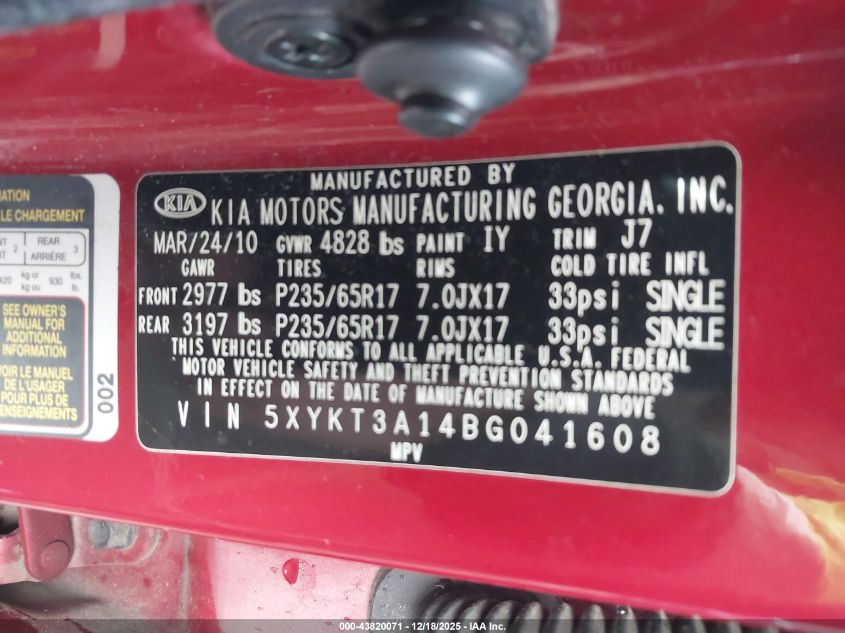 2011 Kia Sorento Lx VIN: 5XYKT3A14BG041608 Lot: 43820071