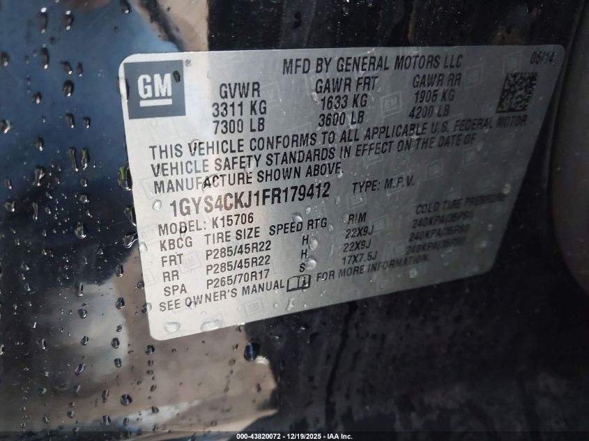 2015 Cadillac Escalade Premium VIN: 1GYS4CKJ1FR179412 Lot: 43820072
