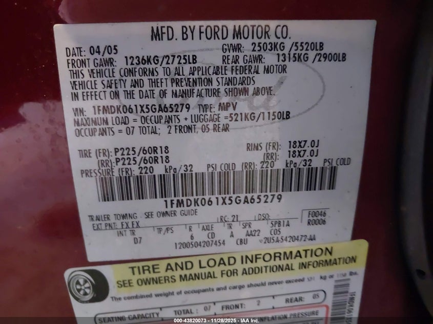 2005 Ford Freestyle Limited VIN: 1FMDK061X5GA65279 Lot: 43820073