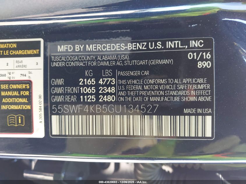 2016 Mercedes-Benz C 300 4Matic/Luxury 4Matic/Sport 4Matic VIN: 55SWF4KB5GU134527 Lot: 43820083