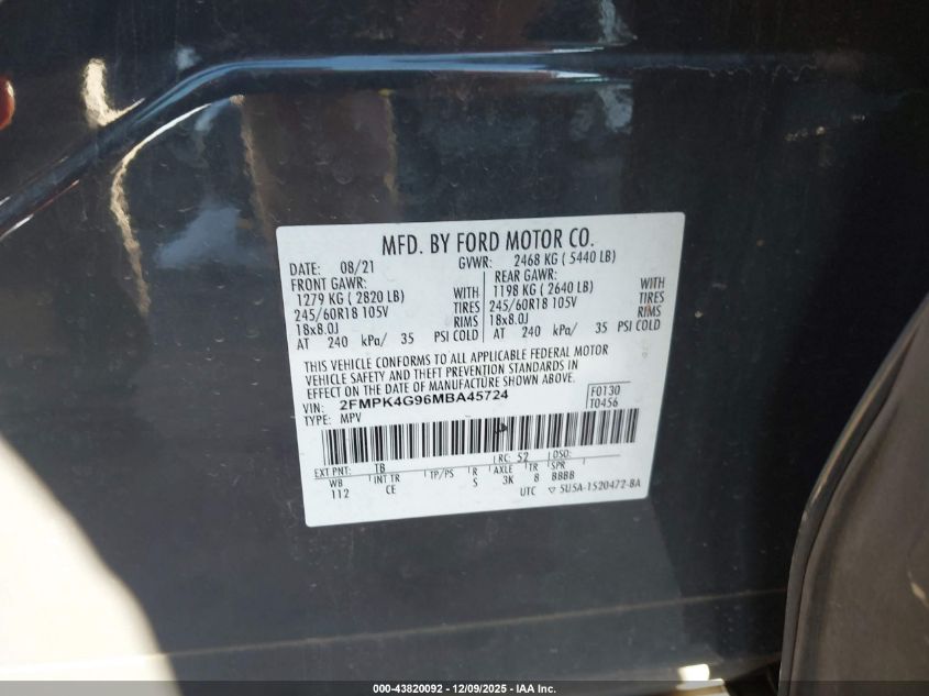 2021 Ford Edge Se VIN: 2FMPK4G96MBA45724 Lot: 43820092