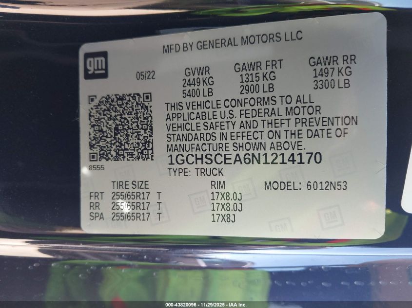 2022 Chevrolet Colorado 2Wd Long Box Lt VIN: 1GCHSCEA6N1214170 Lot: 43820096