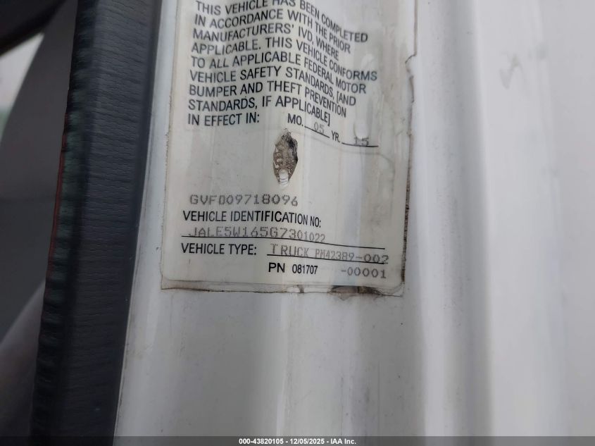 2016 Isuzu Dsl Reg At VIN: JALE5W165G7301022 Lot: 43820105