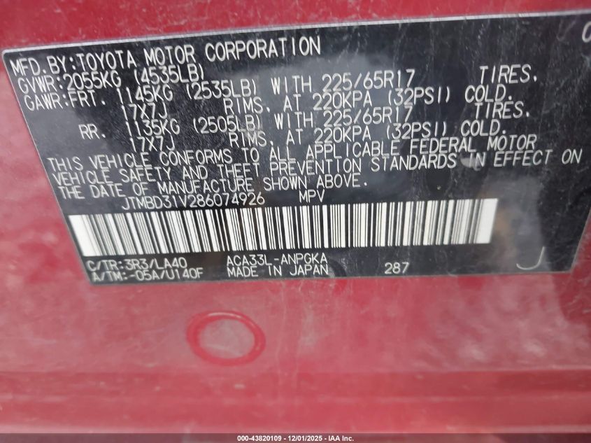 2008 Toyota Rav4 Limited VIN: JTMBD31V286074926 Lot: 43820109