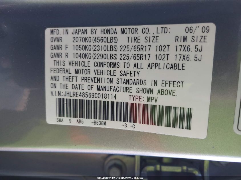 2009 Honda Cr-V Ex VIN: JHLRE48569C018114 Lot: 43820112