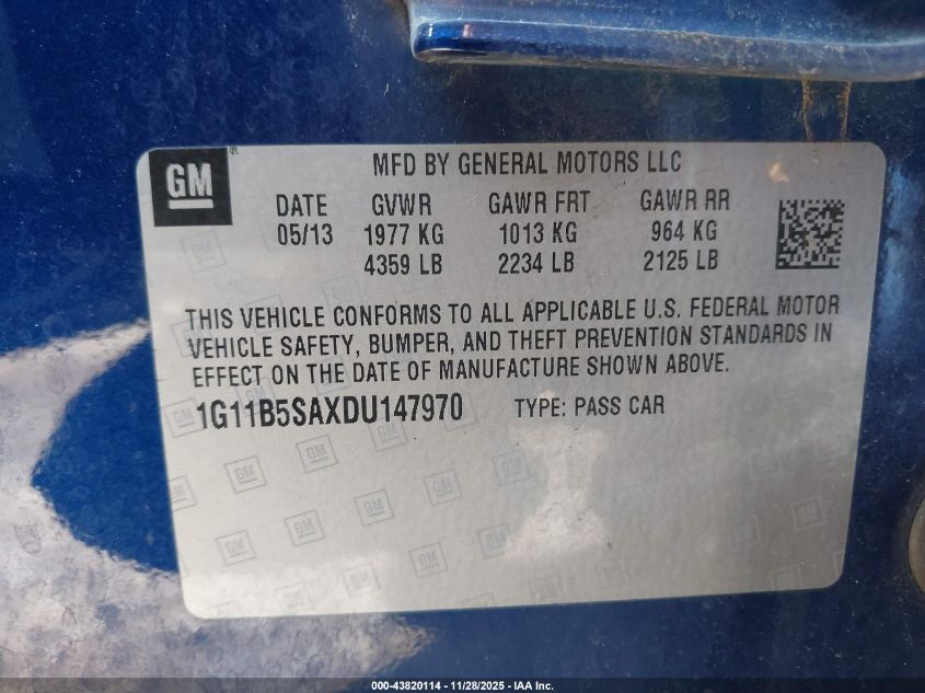 2013 Chevrolet Malibu 1Ls VIN: 1G11B5SAXDU147970 Lot: 43820114