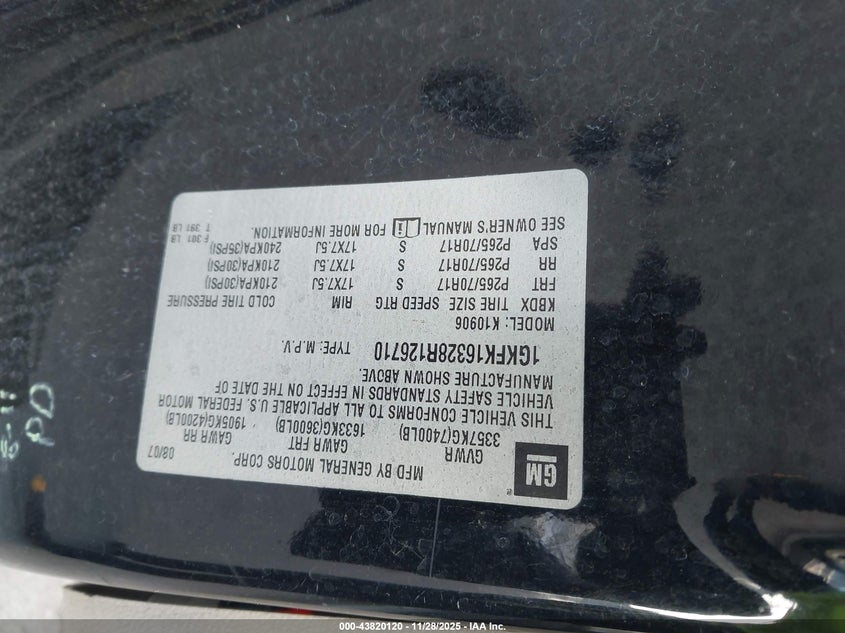 2008 GMC Yukon Xl 1500 Sle VIN: 1GKFK16328R126710 Lot: 43820120