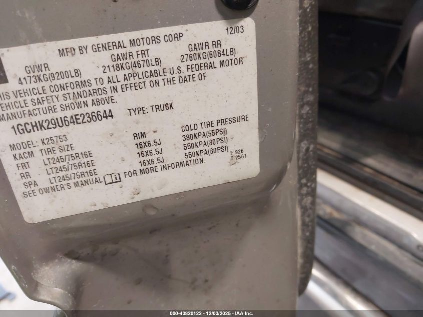 2004 Chevrolet Silverado 2500Hd Ls VIN: 1GCHK29U64E236644 Lot: 43820122