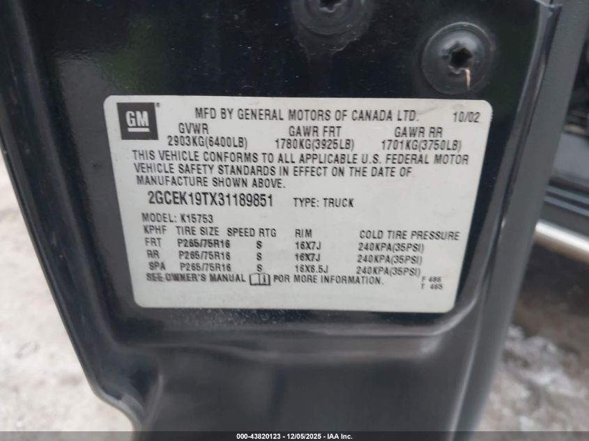 2003 Chevrolet Silverado 1500 Ls VIN: 2GCEK19TX31189851 Lot: 43820123