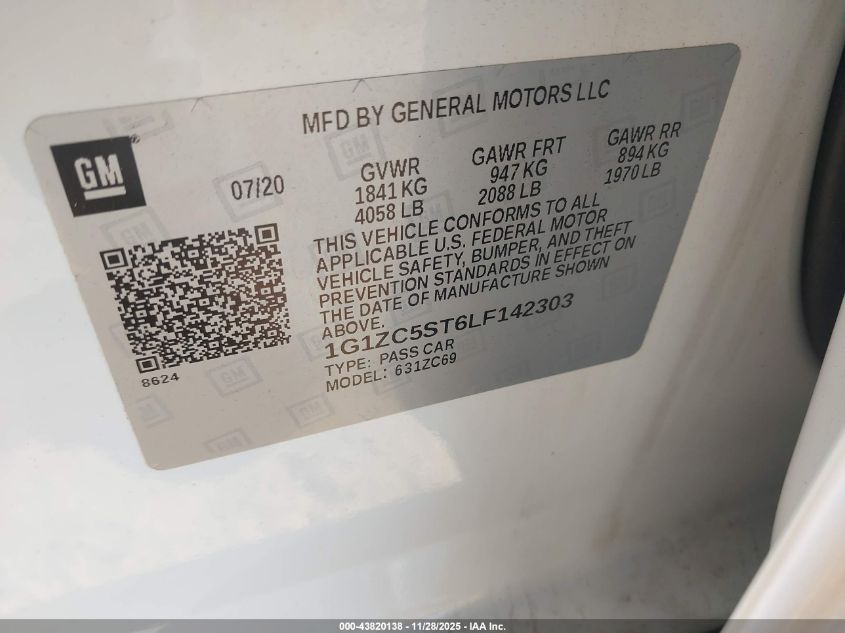 2020 Chevrolet Malibu Fwd 1Fl VIN: 1G1ZC5ST6LF142303 Lot: 43820138