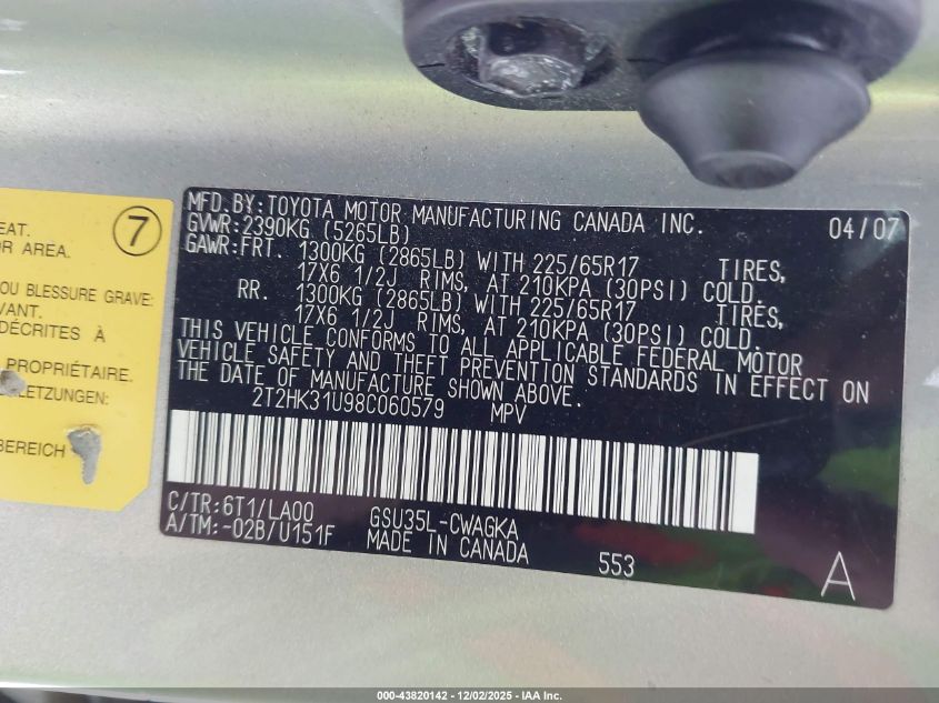 2008 Lexus Rx 350 VIN: 2T2HK31U98C060579 Lot: 43820142