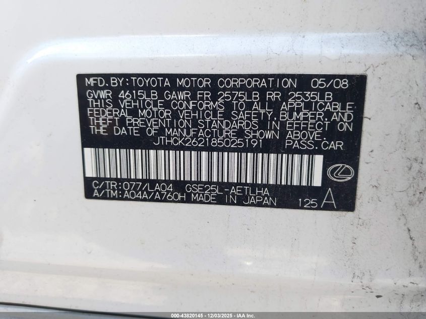 2008 Lexus Is 250 VIN: JTHCK262185025191 Lot: 43820145