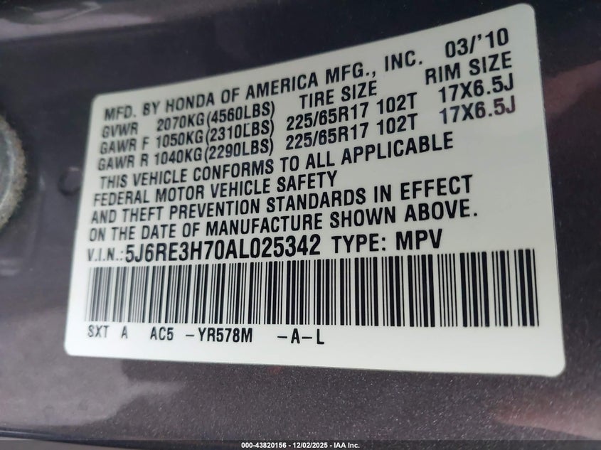 5J6RE3H70AL025342 2010 HONDA CR-V photo no. 9