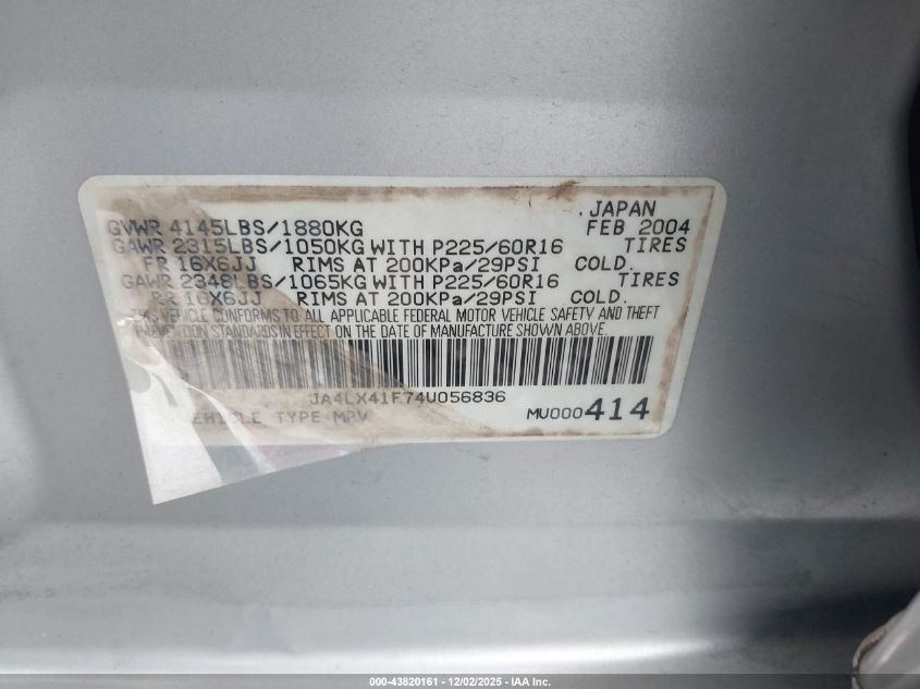 2004 Mitsubishi Outlander Xls VIN: JA4LX41F74U056836 Lot: 43820161