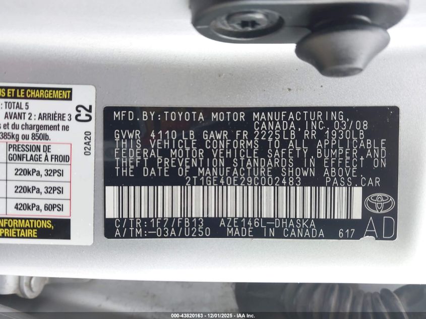 2009 Toyota Matrix Xrs VIN: 2T1GE40E29C002483 Lot: 43820163