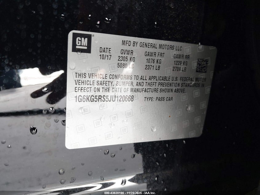 2018 Cadillac Ct6 Premium Luxury VIN: 1G6KG5RS5JU120668 Lot: 43820166